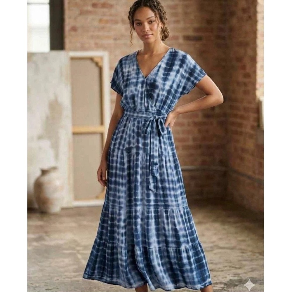 Knox Rose Maxi Dress Womens Medium Blue Tie Dye V-Neck Tiered Boho Belted Summer